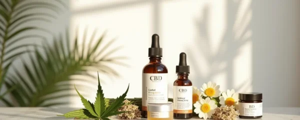 Routine de soins visage au CBD avec sérums, crèmes et produits botaniques arrangés élégamment sur surface naturelle