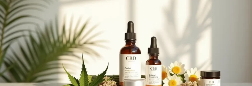 Routine de soins visage au CBD avec sérums, crèmes et produits botaniques arrangés élégamment sur surface naturelle