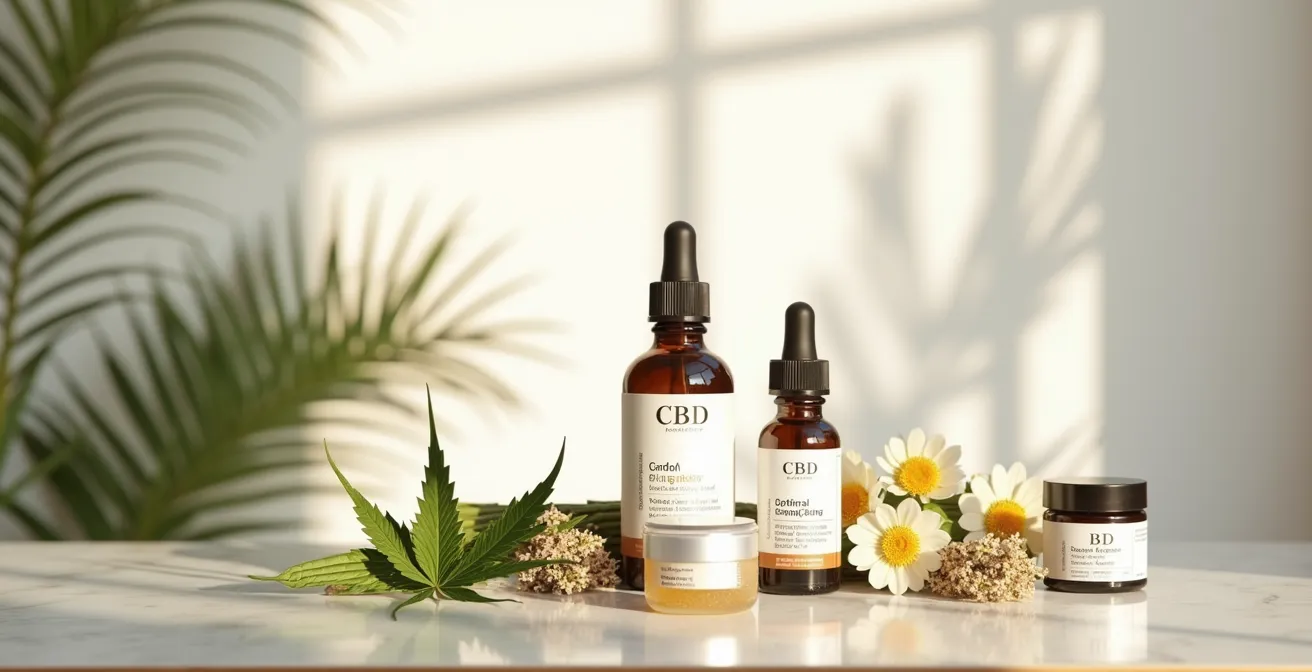 Routine de soins visage au CBD avec sérums, crèmes et produits botaniques arrangés élégamment sur surface naturelle