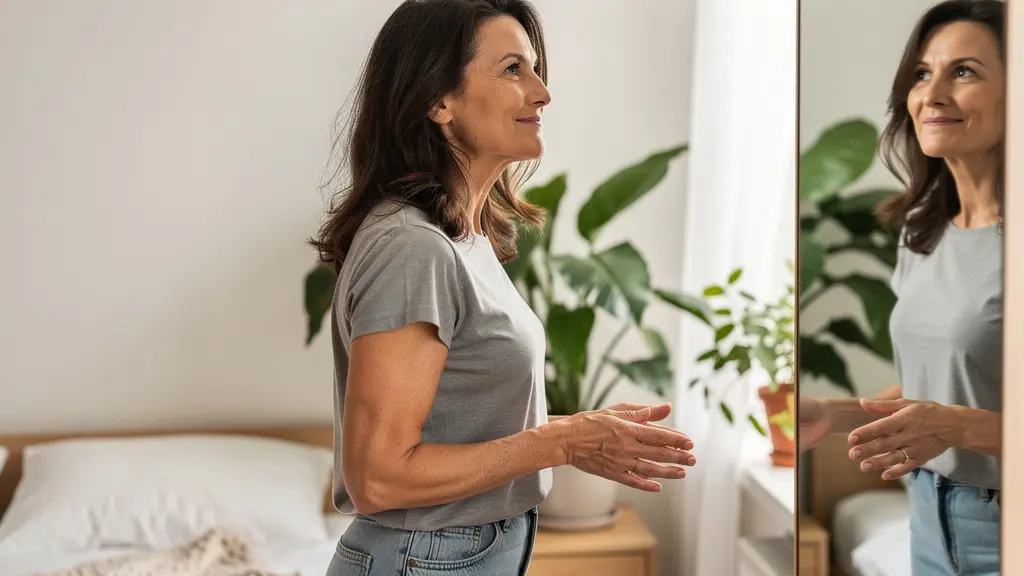 Femme européenne souriante regardant son reflet avec satisfaction, solution minceur naturelle