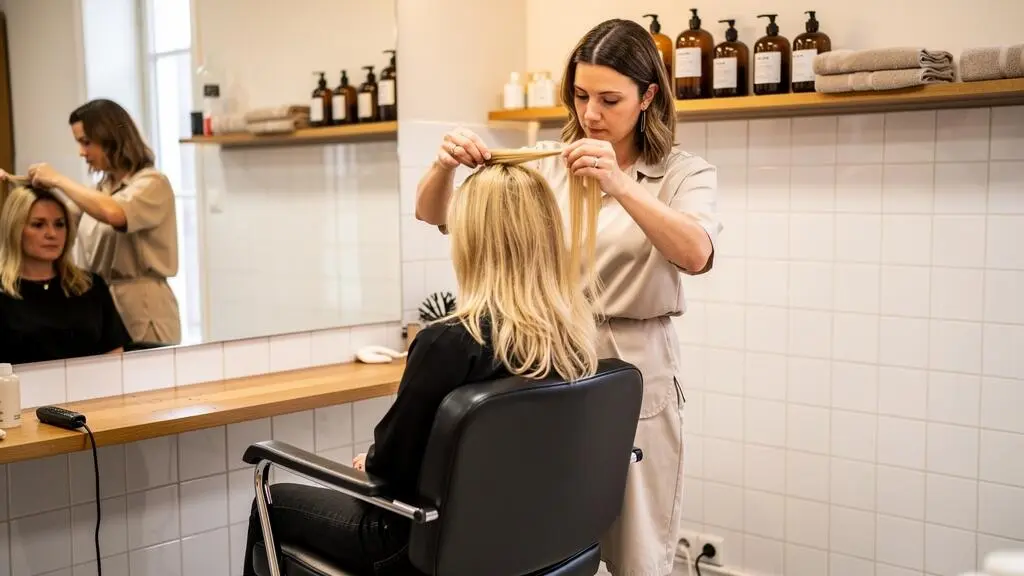 Une coiffeuse examine les longueurs des cheveux blonds d'une cliente assise dans un salon de coiffure.