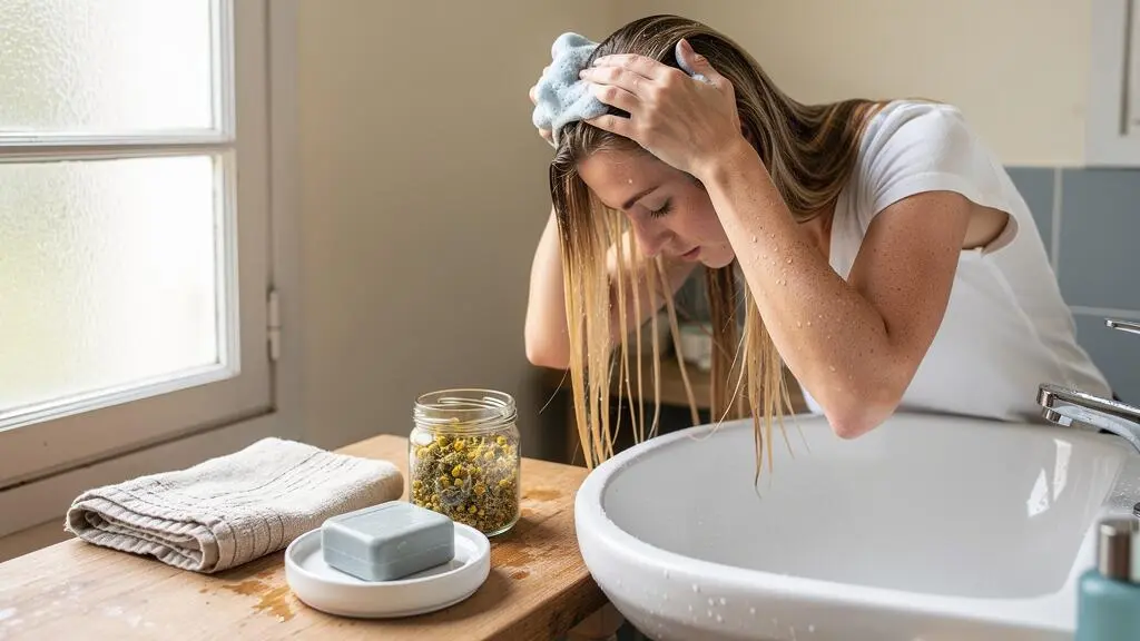 Une femme aux cheveux blonds applique un shampoing solide sur sa chevelure mouillée au-dessus d'un lavabo de salle de bain.
